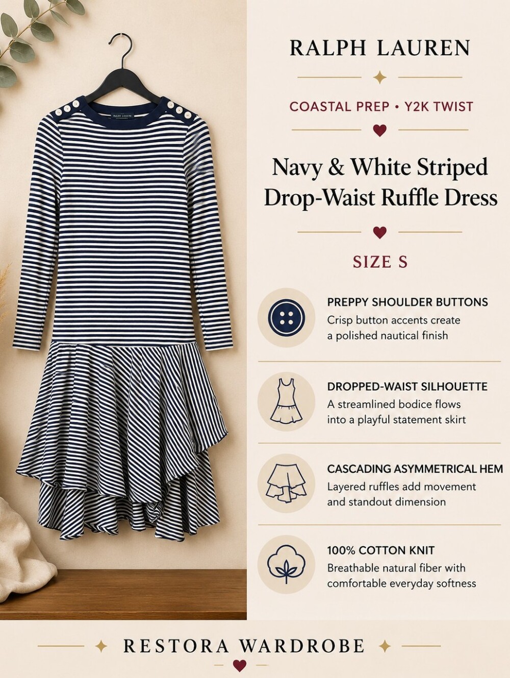 Lauren Ralph Lauren Navy and White Striped Midi Dress